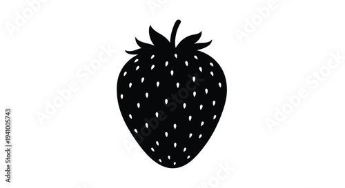 Simple black silhouette of a strawberry with seeds and green leaves