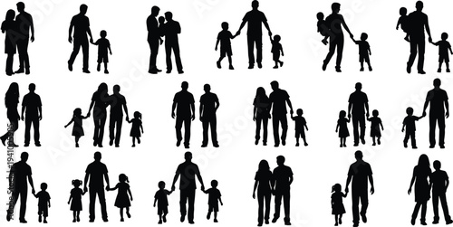 Family silhouettes collection with parents and children walking, holding hands and standing together, family bonding concept isolated vector illustration set