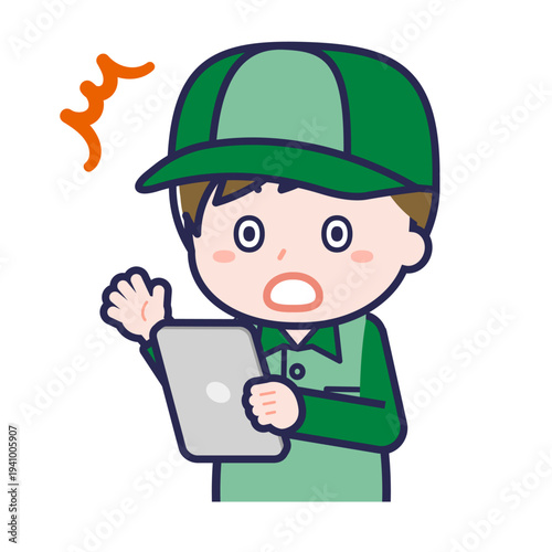 タブレットを使う「配達員」の男性