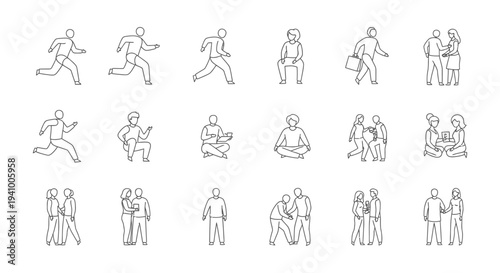 minimalist line art people illustrations depicting diverse human activities and social interactions perfect for uiux design.