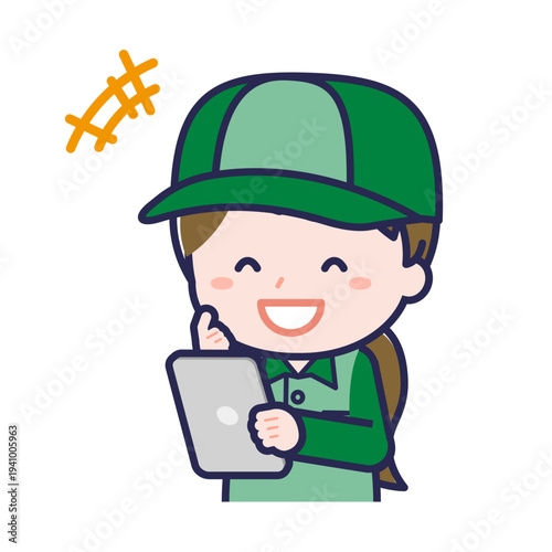 タブレットを使う「配達員」の女性