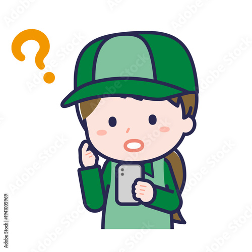 スマートフォンを使う「配達員」の女性