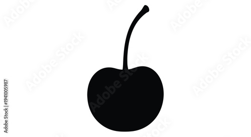 A simple black silhouette of a single cherry with a curved stem