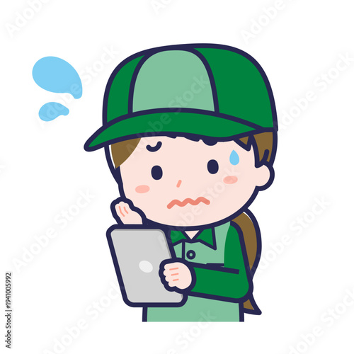 タブレットを使う「配達員」の女性