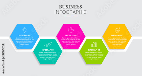 Vector hexagon element for infographic with 5 options icons.