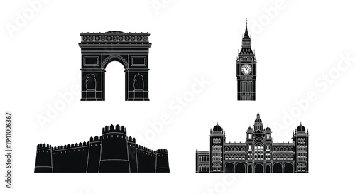 Famous landmarks of Europe in black and white
