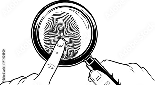 Black  White Line Art: Fingerprint Examination with Magnifying Glass, a Symbol for Forensic Science, Law Enforcement, Security, and Biometric Identification Technology.