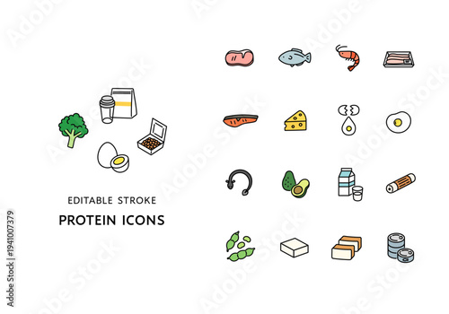 タンパク質を含む食べ物のアイコンセット
