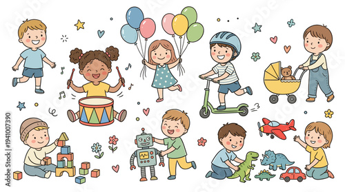 Cute Doodle Kids Activities Cartoon Set Vector Illustration