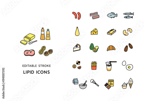 脂質を含む食べ物のアイコンセット