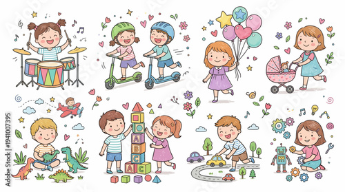 Cute Doodle Kids Activities Cartoon Set Vector Illustration