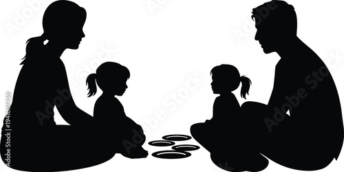 Silhouette of a family playing a board game together, parents and children sitting on the floor engaged in a fun indoor activity