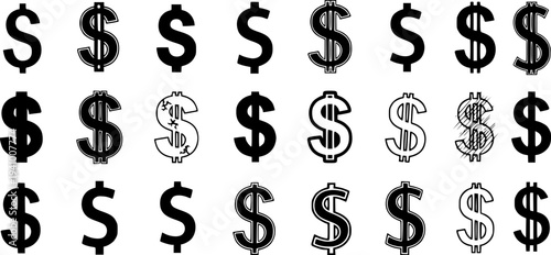 Set of 27 Various Dollar Sign Symbols and Icons, depicting Money, Finance, Currency, and Wealth in a Diverse Range of Styles.