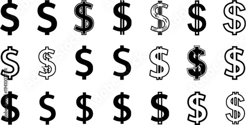 Diverse Dollar Sign Icons Set: A Collection of Financial Symbols in Black and White Vector Styles for Business and Economy