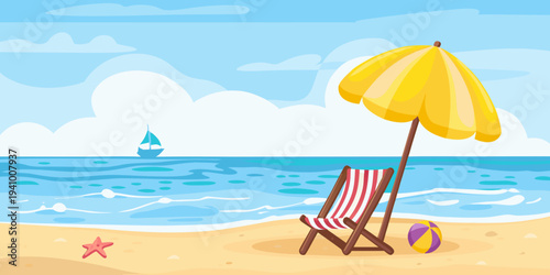 A bright yellow beach umbrella and chair overlooking a calm ocean