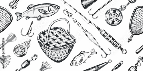 Vintage style illustration of fishing equipment and aquatic life