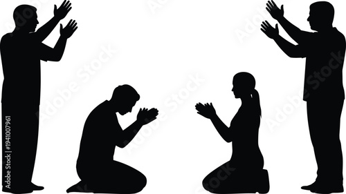 Silhouettes of people in various prayer poses, some kneeling and some standing with hands raised, conveying spiritual devotion and religious practice