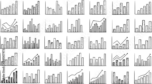 Hand-drawn sketch set of various business bar charts and graphs, depicting data analysis, growth, statistics, and market trends.