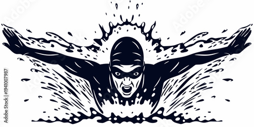 Swimmer bursting through water surface with arms outstretched in motion