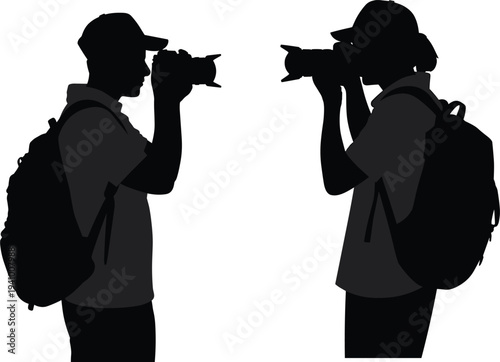 Silhouettes of two photographers with backpacks and cameras capturing in a or travel context