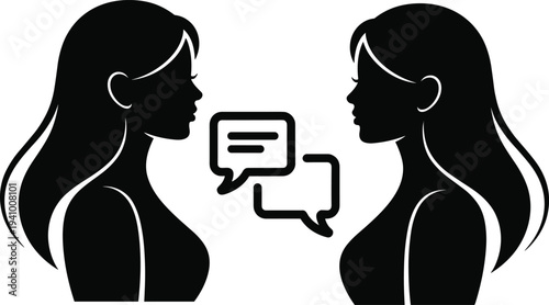 Two female silhouettes in profile facing each other with speech bubbles indicating communication and dialogue