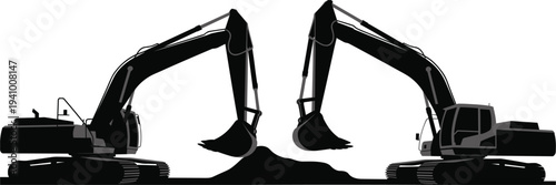 Two heavy-duty excavators with large buckets poised over a pile of dirt, symbolizing construction and industrial work