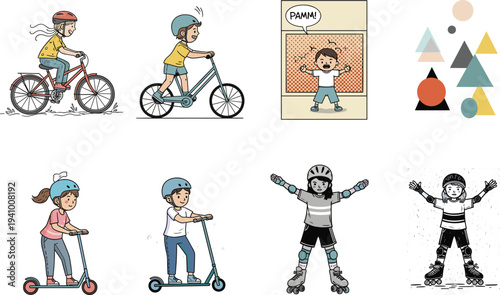 Adorable children riding bicycles, scooters, and rollerblades, wearing helmets and enjoying active outdoor sports, perfect for kids' fitness and play-themed designs