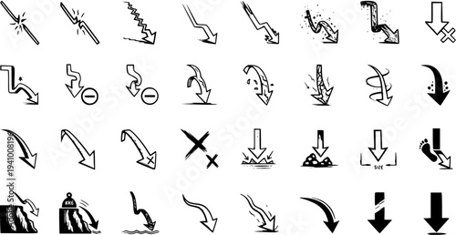 Collection of Hand-Drawn Down Arrow Icons: Illustrating Decrease, Falling, Decline, Downward Movement, and Negative Trends