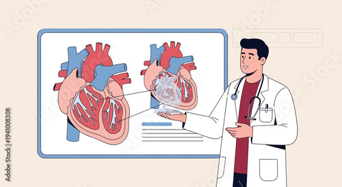 Doctor explaining human heart anatomy on a whiteboard, medical illustration, cardiology concept