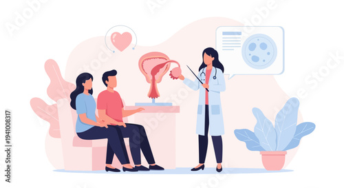 Doctor explaining reproductive health to a couple, fertility consultation, IVF concept