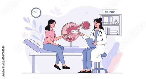 Doctor explains PCOS to a patient, illustrating reproductive health and gynecological care