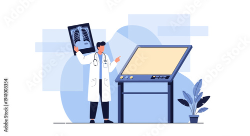 Doctor holding chest x-ray near light box, medical diagnosis and healthcare concept