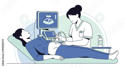 Doctor performing ultrasound on pregnant woman, medical examination, healthcare concept