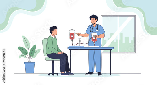 Doctor performs blood transfusion on patient in clinic, medical care and treatment concept