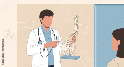 Doctor shows spine model to patient, medical consultation, healthcare concept