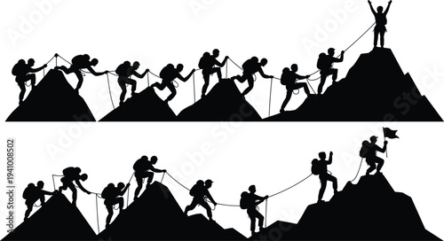 Silhouettes of mountaineers climbing a steep mountain range with ropes and backpacks reaching the summit in a dramatic display of teamwork and achievement