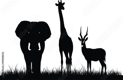 African wildlife silhouette, elephant, giraffe, antelope, grassland animals, nature scene, safari art, animal shadows, sunset view, wildlife illustration
