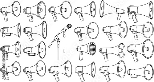 Hand-drawn Megaphone and Microphone Seamless Pattern Line Art. Loudspeaker Vector Illustrations for Communication, Protest, Announce, and Public Speaking Themes.