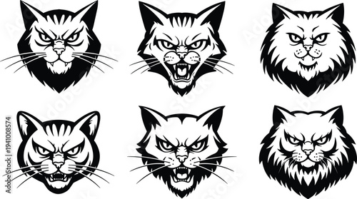 Aggressive black and white cat head illustrations, fierce feline tattoo design, intense expressions, gothic animal art, graphic styled vector portrait