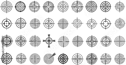 Diverse Set of Target and Crosshair Icons. Collection of Aiming Reticle Designs for Gaming, Sports, and Shooting Range Applications. Vector Illustration.