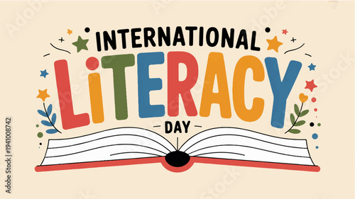 International literacy day logo with colorful text and open book on beige background
