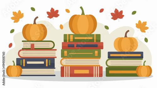 Autumn books and pumpkins stacked with falling leaves on white background symbolizing seasonal reading and harvest