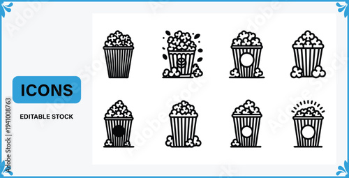 Collection of popcorn bucket icons in different styles and designs for cinema and movie night concepts  various popcorn containers