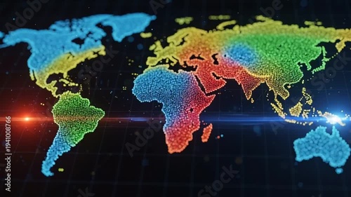 Vibrant global map illustration shows world continents in colorful dots on dark background