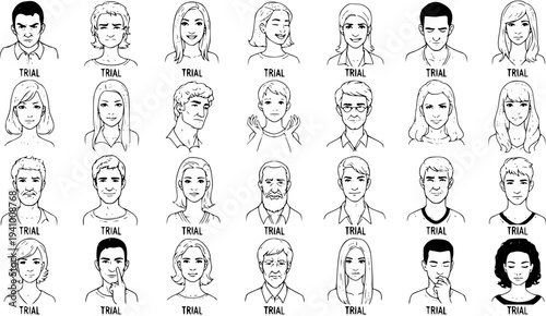 Diverse Hand-Drawn Portraits Featuring Various Expressions and Genders in a Grid Layout