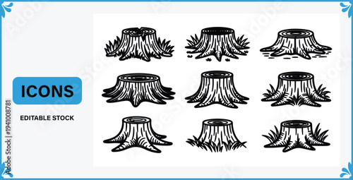 Collection of tree stumps with grass and roots in various shapes and sizes for illustration and design purposes  editable stock
