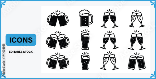 Set of variousal coholic beverage icon sincluding bee ran dwine glasses for cheers and toast celebration