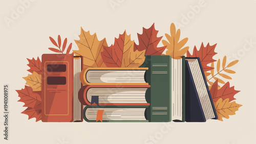 Stack of books with autumn leaves reading concept education background fall season