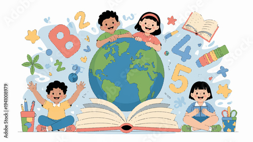 Children surrounded globe on open book with colorful educational symbols floating around them