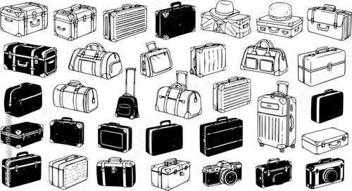 Diverse Collection of Vintage and Modern Luggage, Suitcases, and Travel Bags in Black and White Illustration